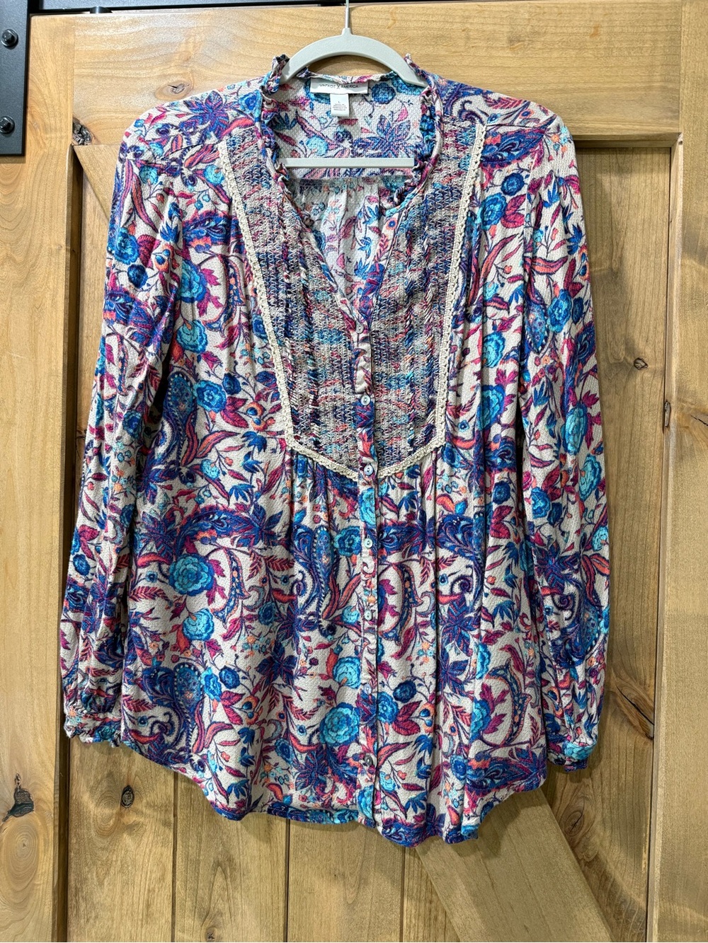 Vintage America Multicolor Floral Button-Front Blouse in Blue, Pink & Cream Sz L